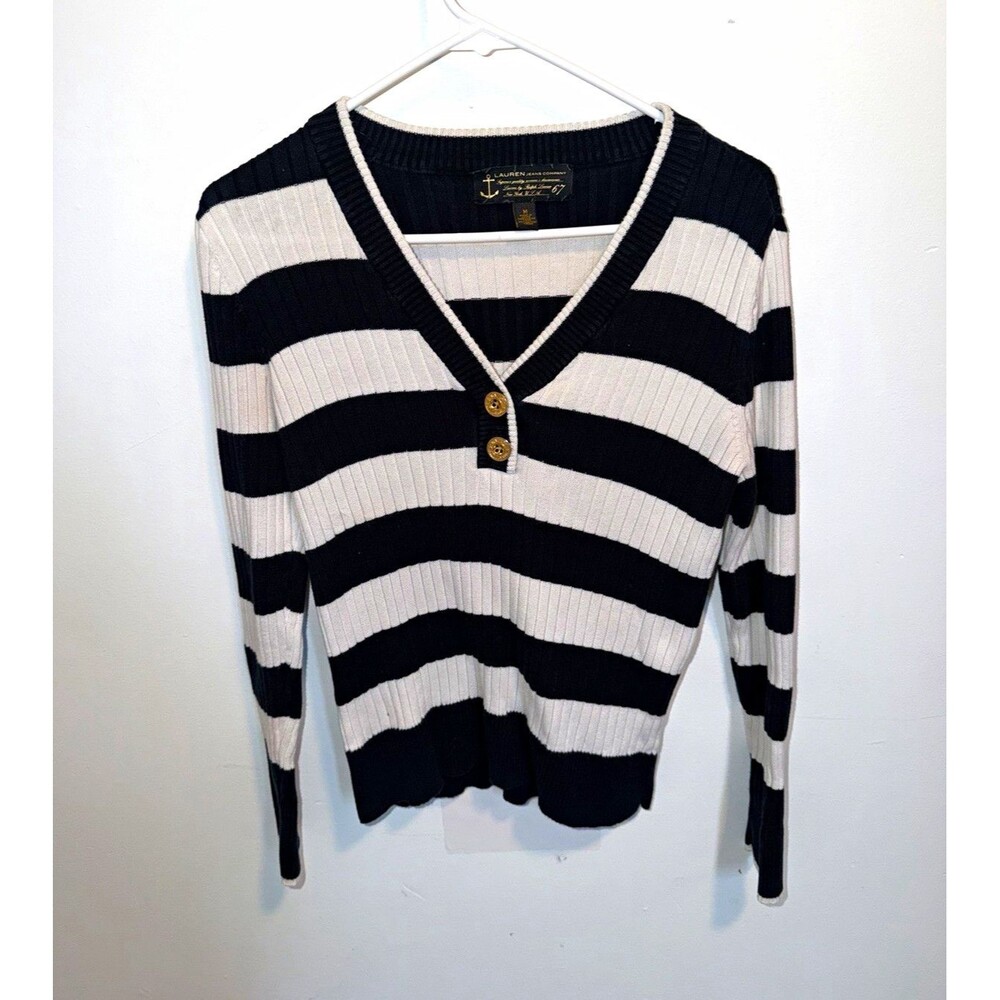 Lauren Jeans Co Women's Black White Striped V-Neck Pullover Sweater Button M